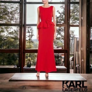 Karl Lagerfeld red gown with peplum and rosette